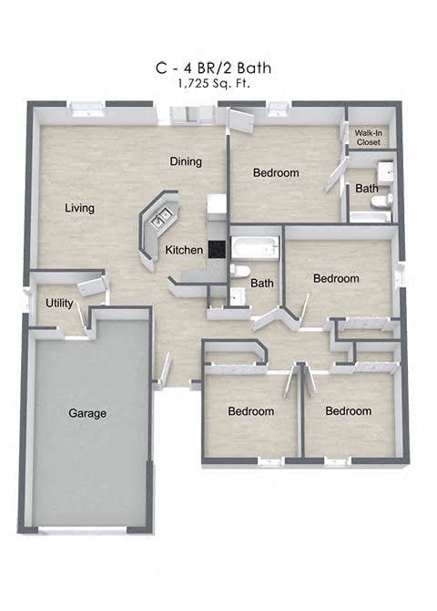 Floor plan for 4 beds, 2 baths, 1150 sqft
